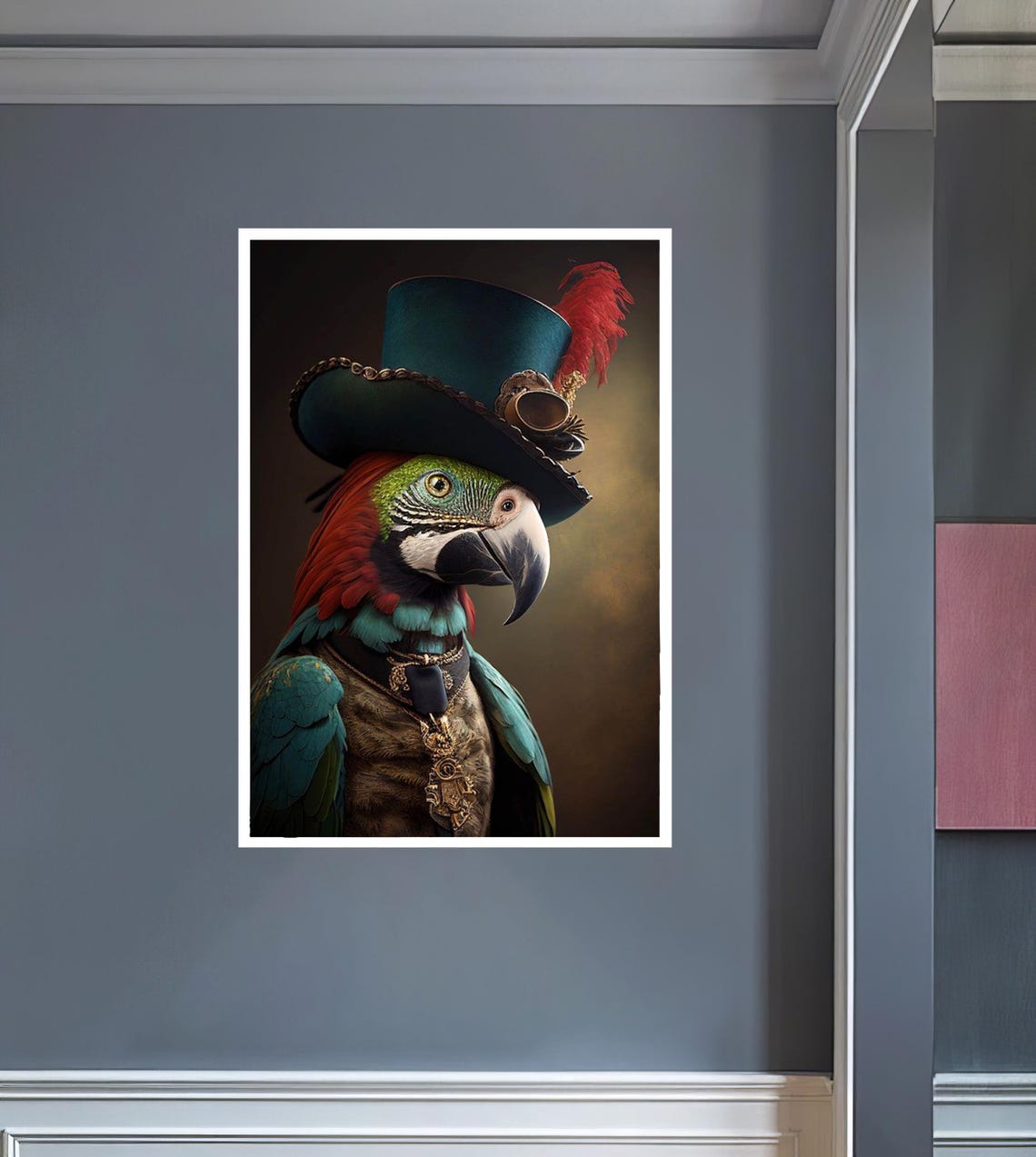 Macaw Parrot in a Steampunk Top Hat With Goggles Portrait Poster - Image 3