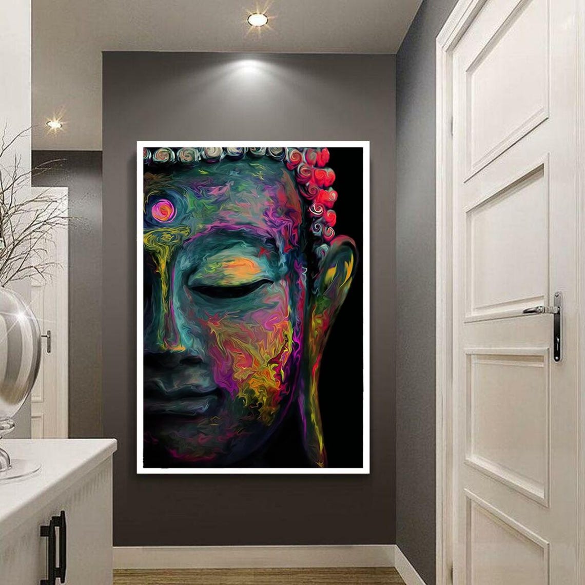 Vibrant Neon Buddha Face Colorful Abstract Spiritual Wall Art - Image 3