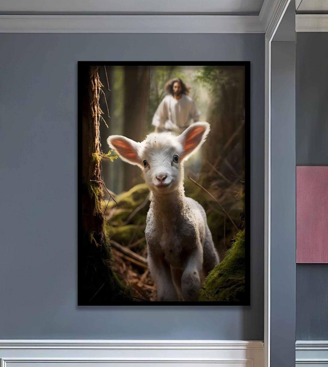 Jesus And The Lamb Walking In A Sunlit Forest Christian Wall Art - Image 3