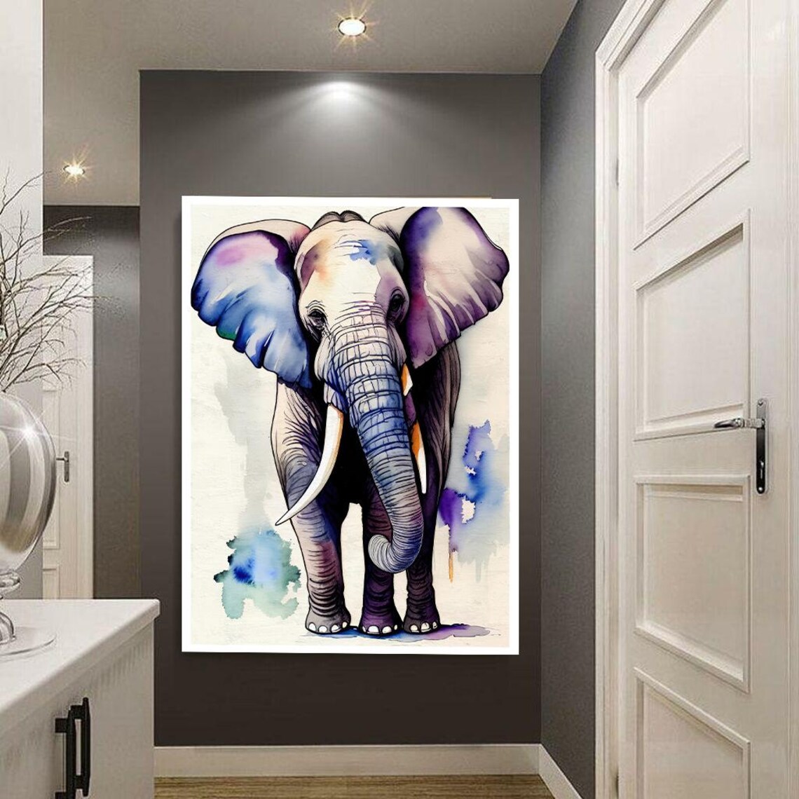 Gentle Watercolor Elephant in Blue Purple Washes Wildlife Poster - Image 4
