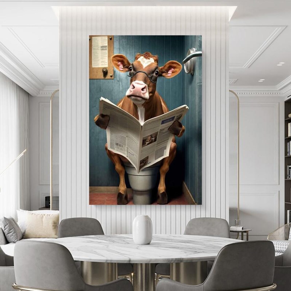 Funny Cow In Glasses Reading Newspaper On The Toilet Humor Poster - Image 3