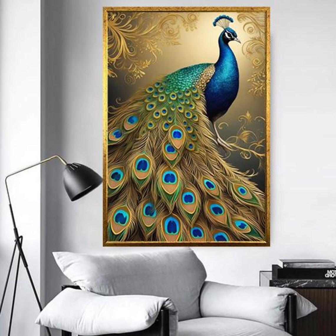 Golden Peacock On Ornate Gold Filigree Background Luxury Bird Poster - Image 4