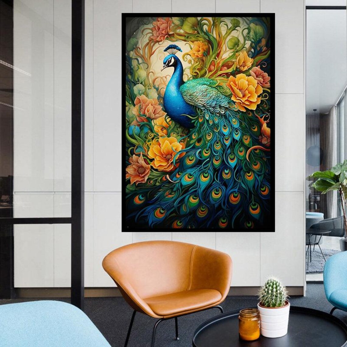 Blue Peacock With Flowing Tail Among Orange Blossom Flowers Art Poster - Image 4