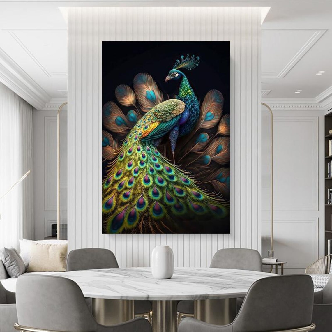 Peacock With Fanned Tail On Black Elegant Luxury Bird Poster - Image 5