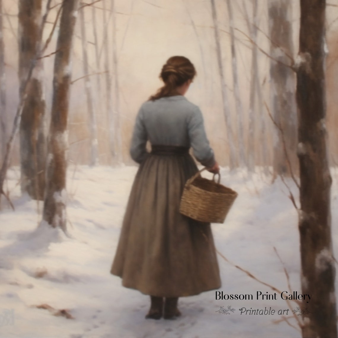 Woman With Wicker Basket Walking Through A Snowy Birch Forest Poster - Image 3