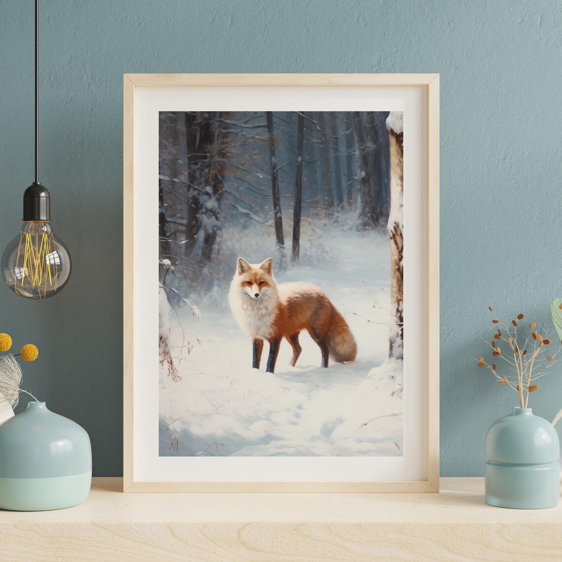 Red Fox In Snowy Winter Forest Rustic Woodland Animal Portrait Poster - Image 3