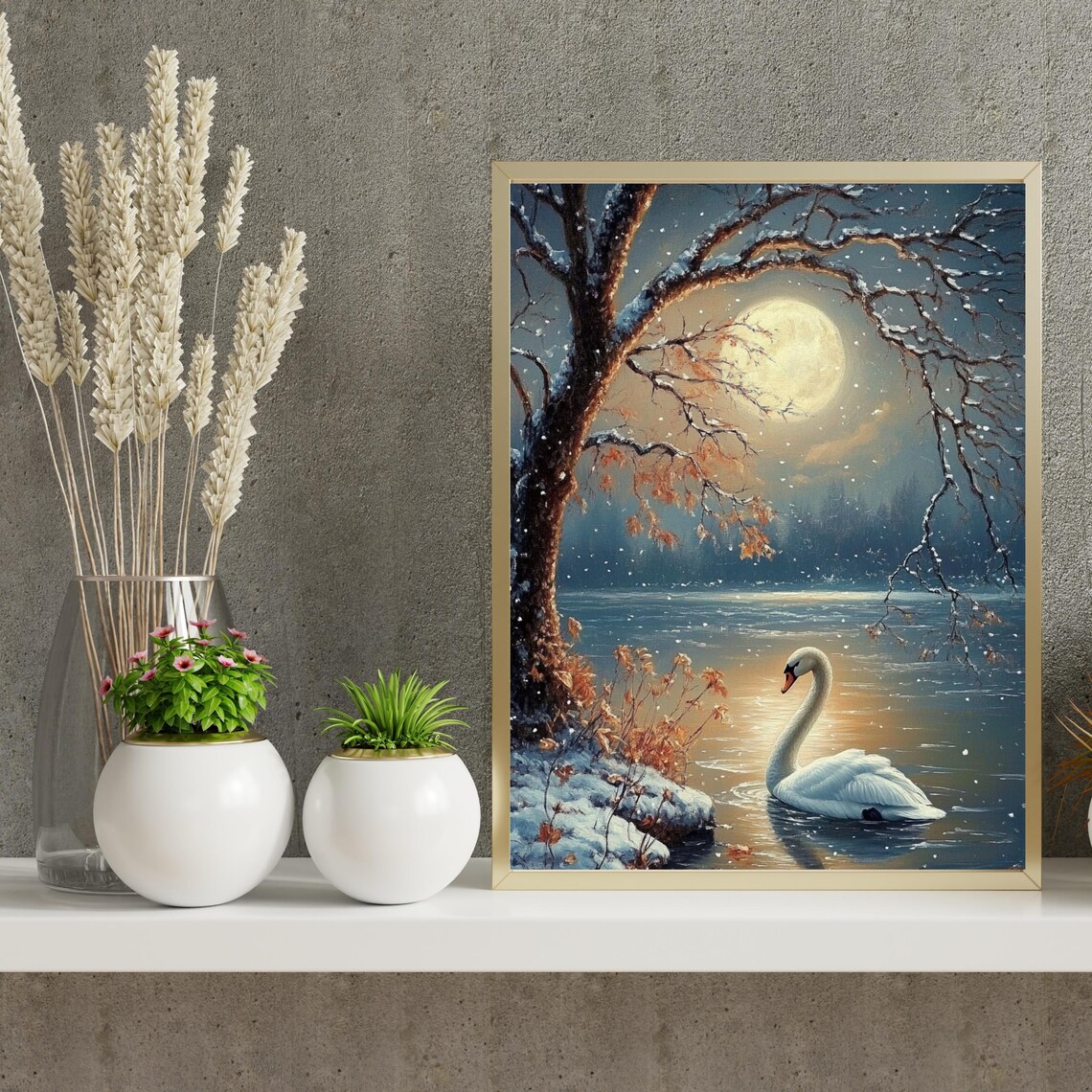 White Swan on Moonlit Winter Lake with Snowy Branches Night Painting Poster - Image 5