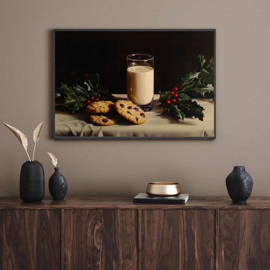 Milk And Cookies With Holly Christmas Still Life Painting Poster - Image 4