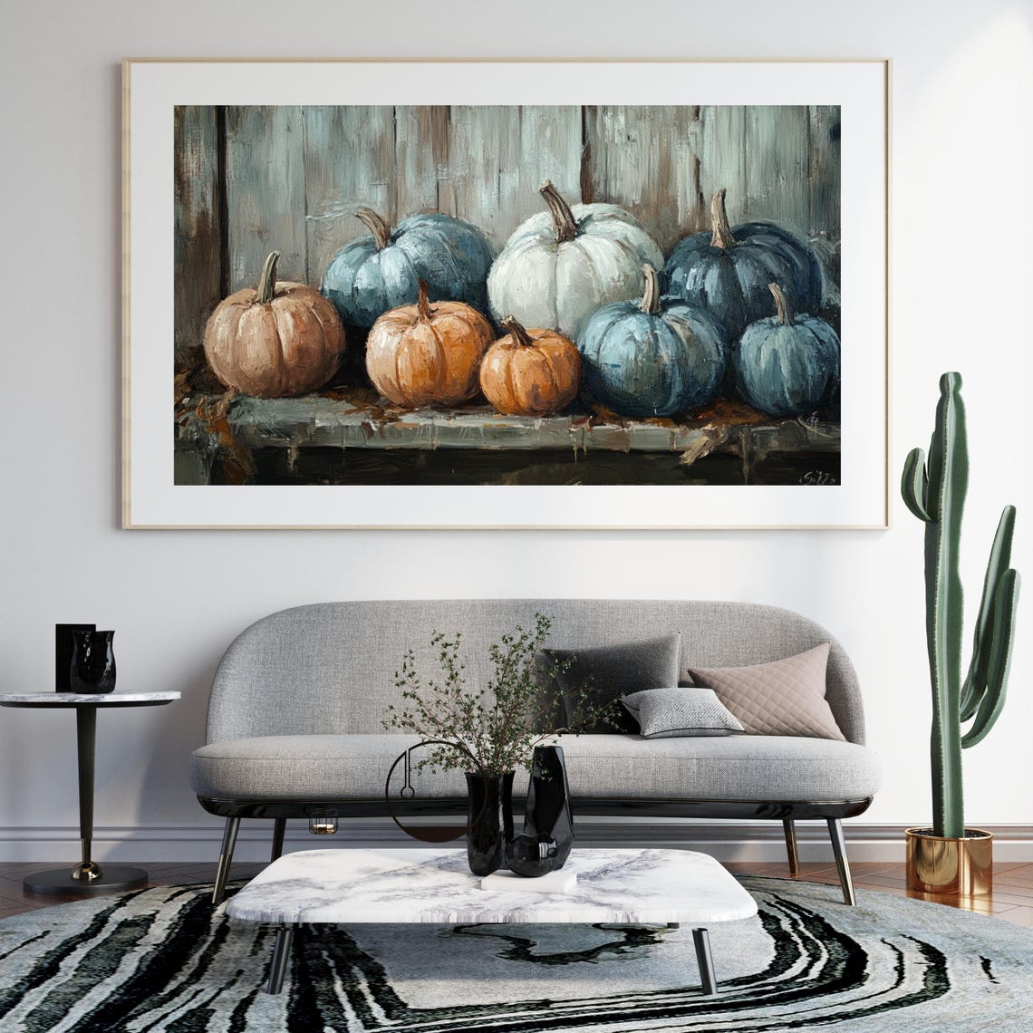 Blue And Orange Pumpkins Still Life Rustic Fall Painting Poster - Image 2