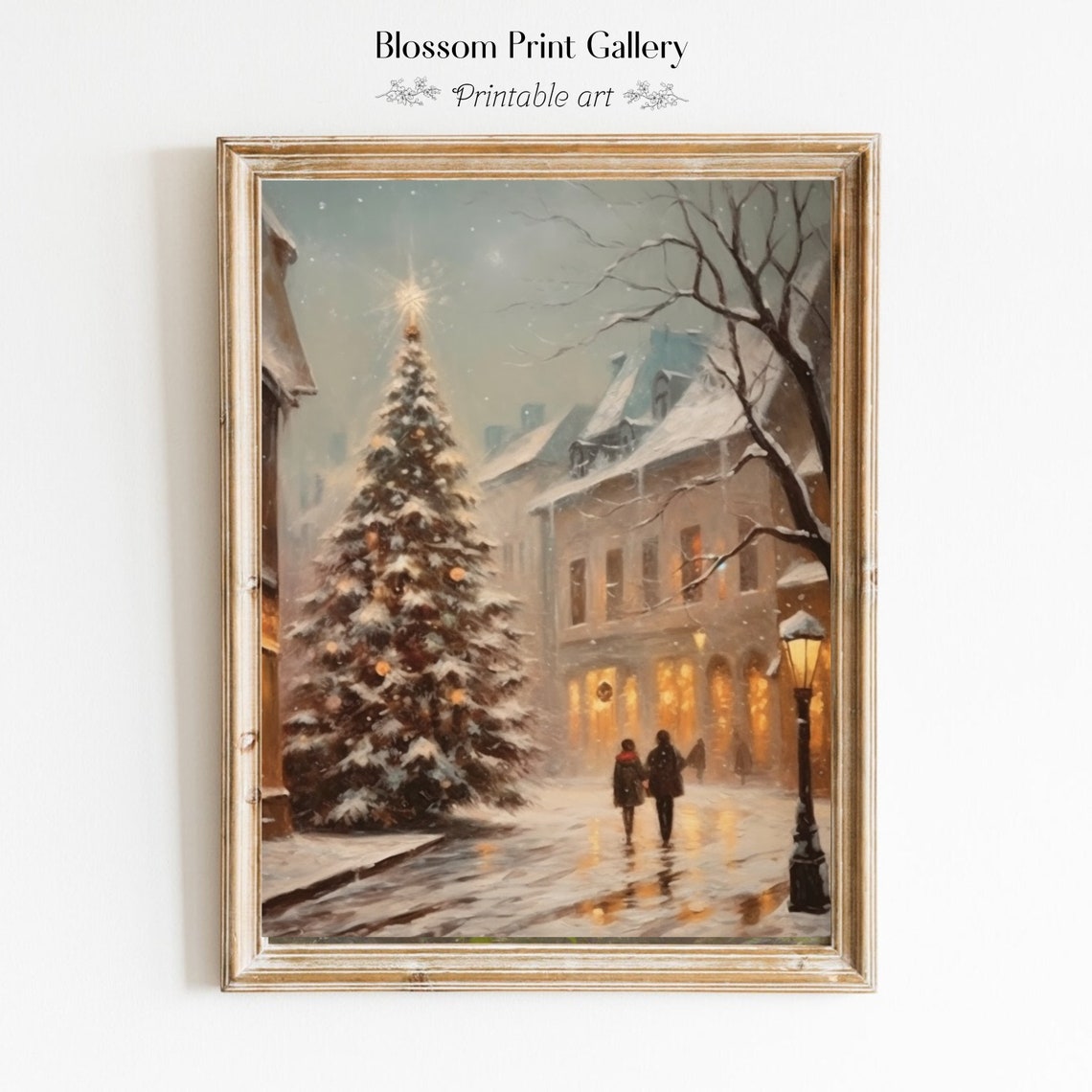 Snowy Christmas Street With Tree And Couple Vintage Winter Poster