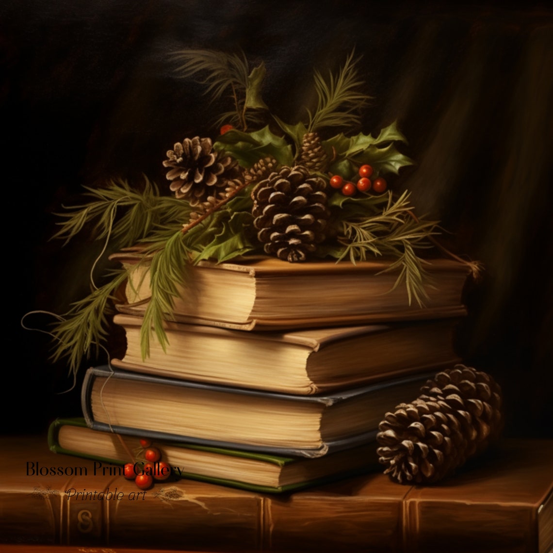 Moody Vintage Books with Pinecones and Holly Academia Poster - Image 3