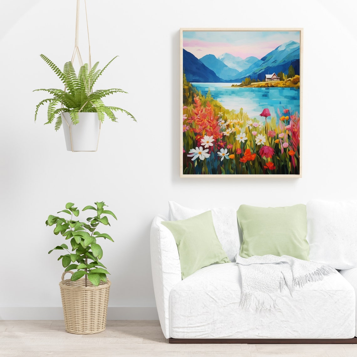 Bright Alpine Lake Cabin Wildflower Meadow Mountain Summer Poster - Image 5