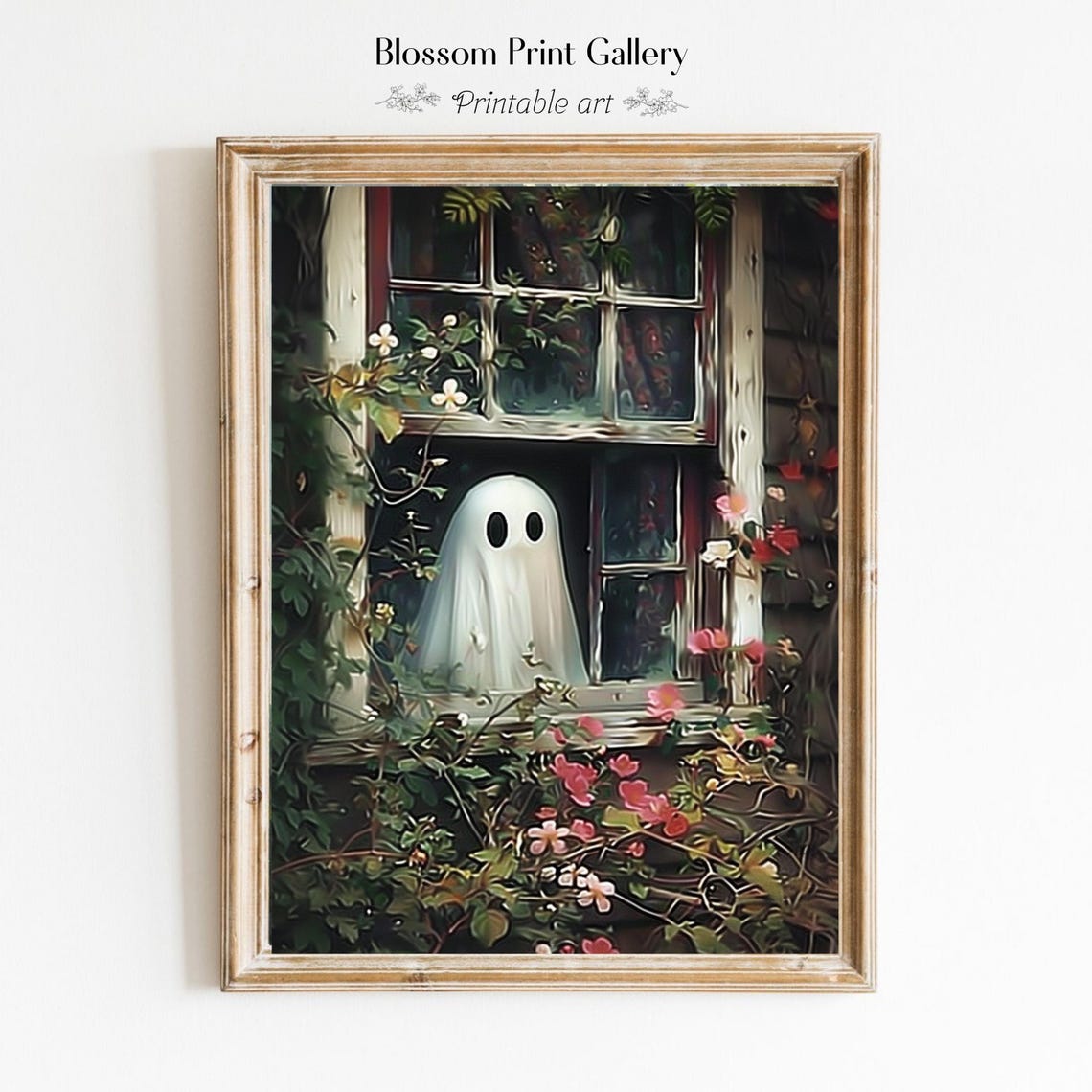 Cute Ghost Peeking Vintage Window Flower Garden Halloween Poster