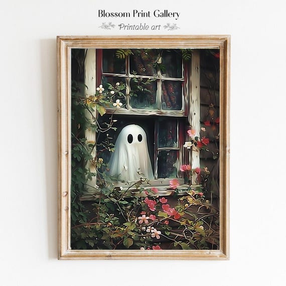 Cute Ghost Wall Art Spooky Vintage Painting Halloween Ghost Print Farmhouse Halloween Print Dark Academia Decor Flower Garden 631
