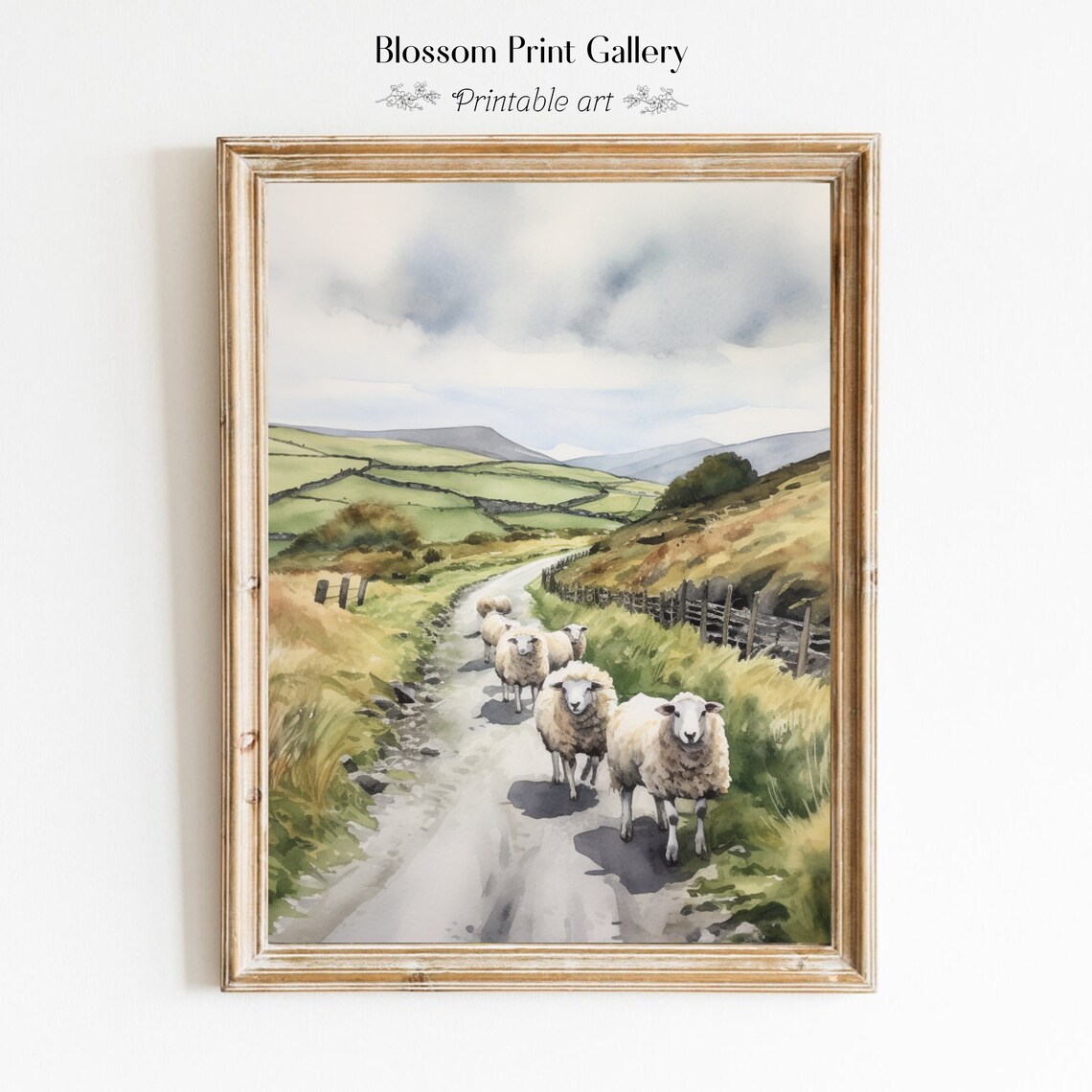 Flock of Sheep on Country Lane Green Hills Watercolor Painting Poster