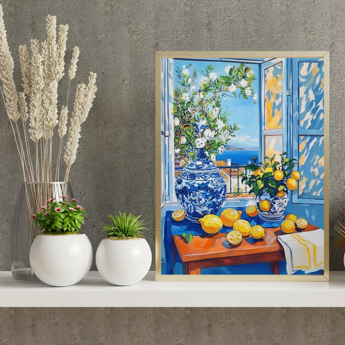 Mediterranean Window View with Lemons Blue Shutters Impressionist Poster - Image 3