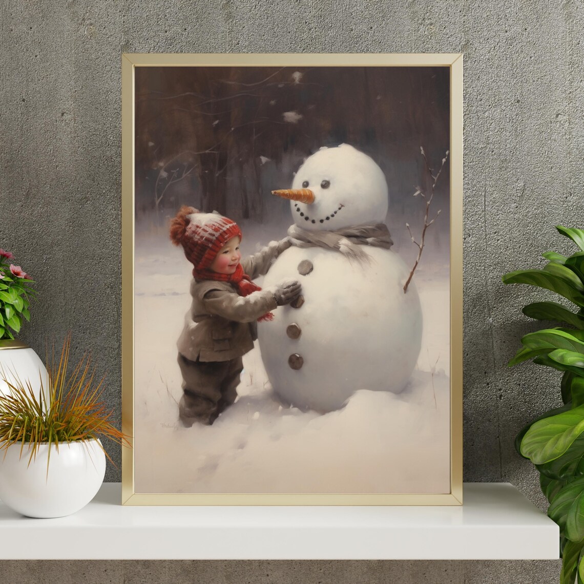 Boy Building Snowman Cozy Winter Christmas Vintage Children Art Print - Image 5