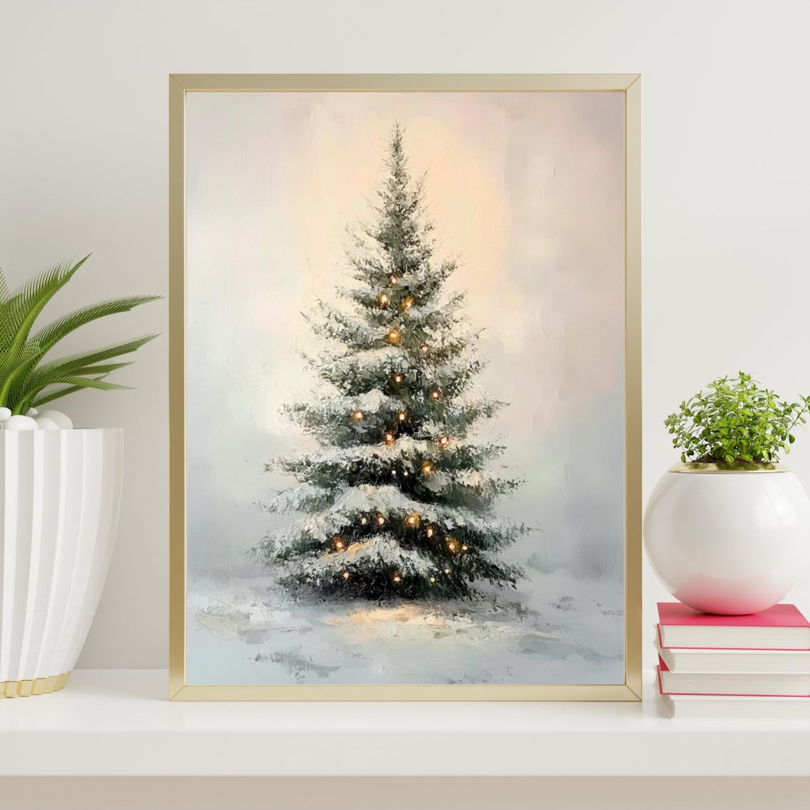 Snow Covered Christmas Tree With Warm Lights Minimalist Poster - Image 3