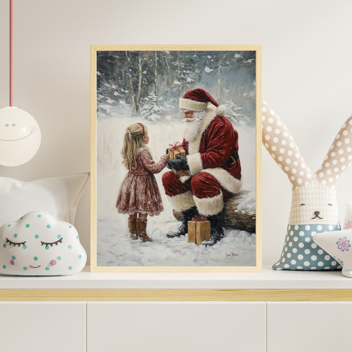 Santa Claus Giving Gift to Little Girl in Snowy Forest Vintage Poster - Image 2