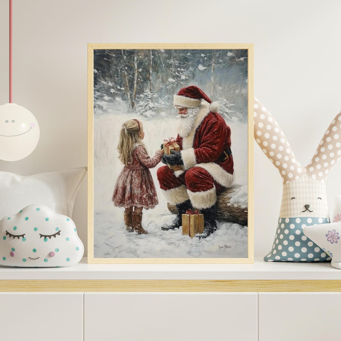 Vintage Santa Claus Christmas Wall Art Santa And Little Girl In Forest Painting Rustic Winter Art Christmas Holiday Poster 808 - Image 2