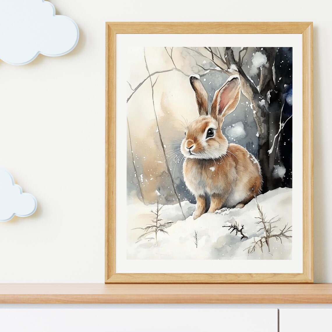 Winter Bunny Rabbit In Snowy Forest Rustic Watercolor Portrait Poster - Image 5
