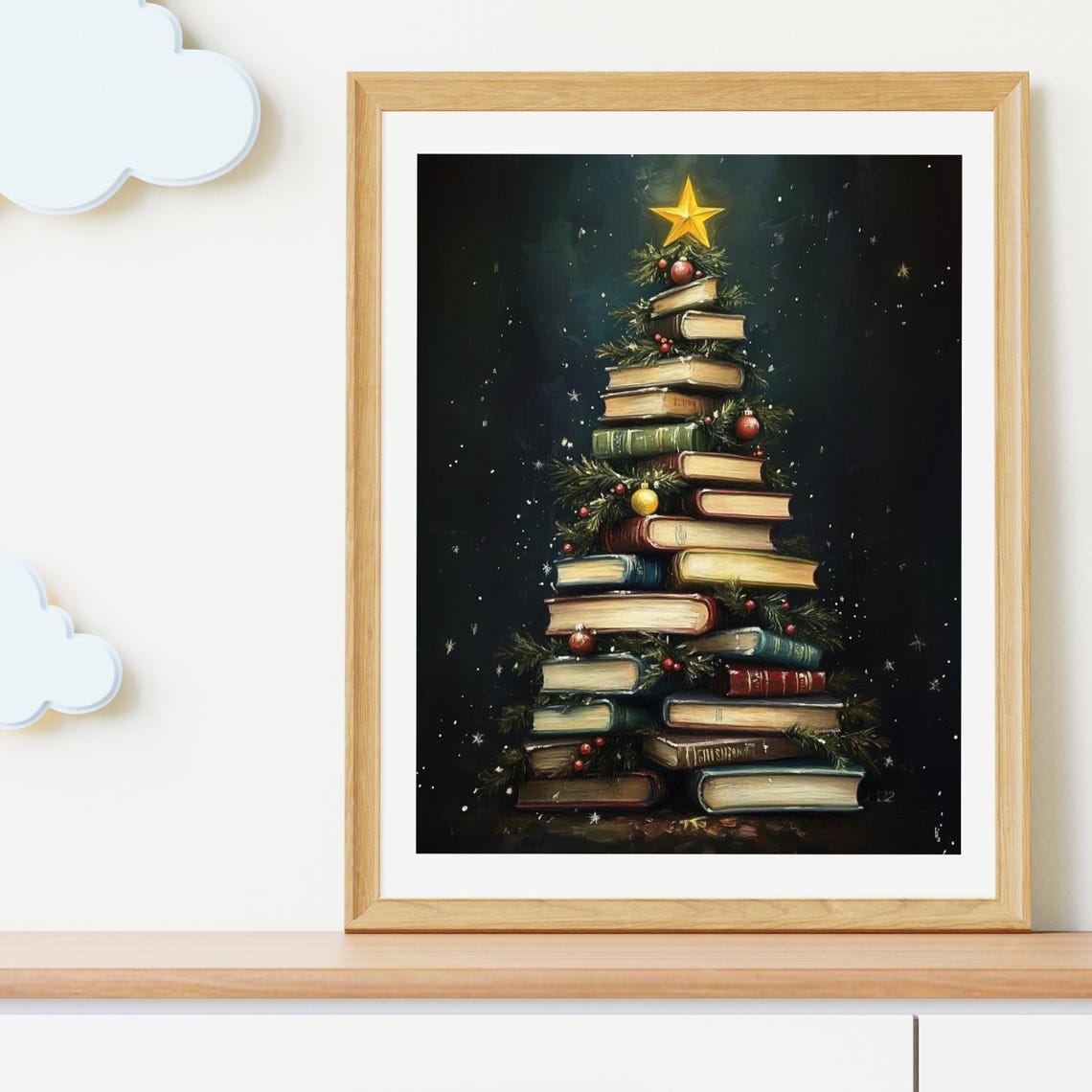 Vintage Stacked Books Christmas Tree Star Book Lover Holiday Poster - Image 5