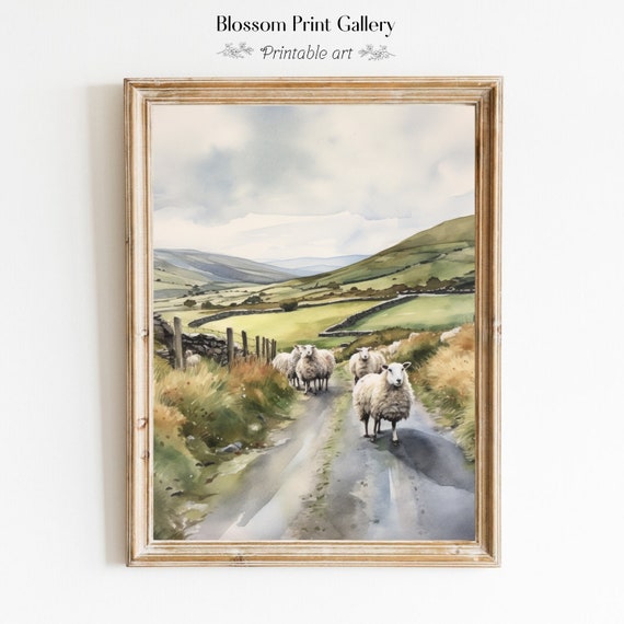 Sheep Painting Vintage Irish Landscape Watercolor Art Print