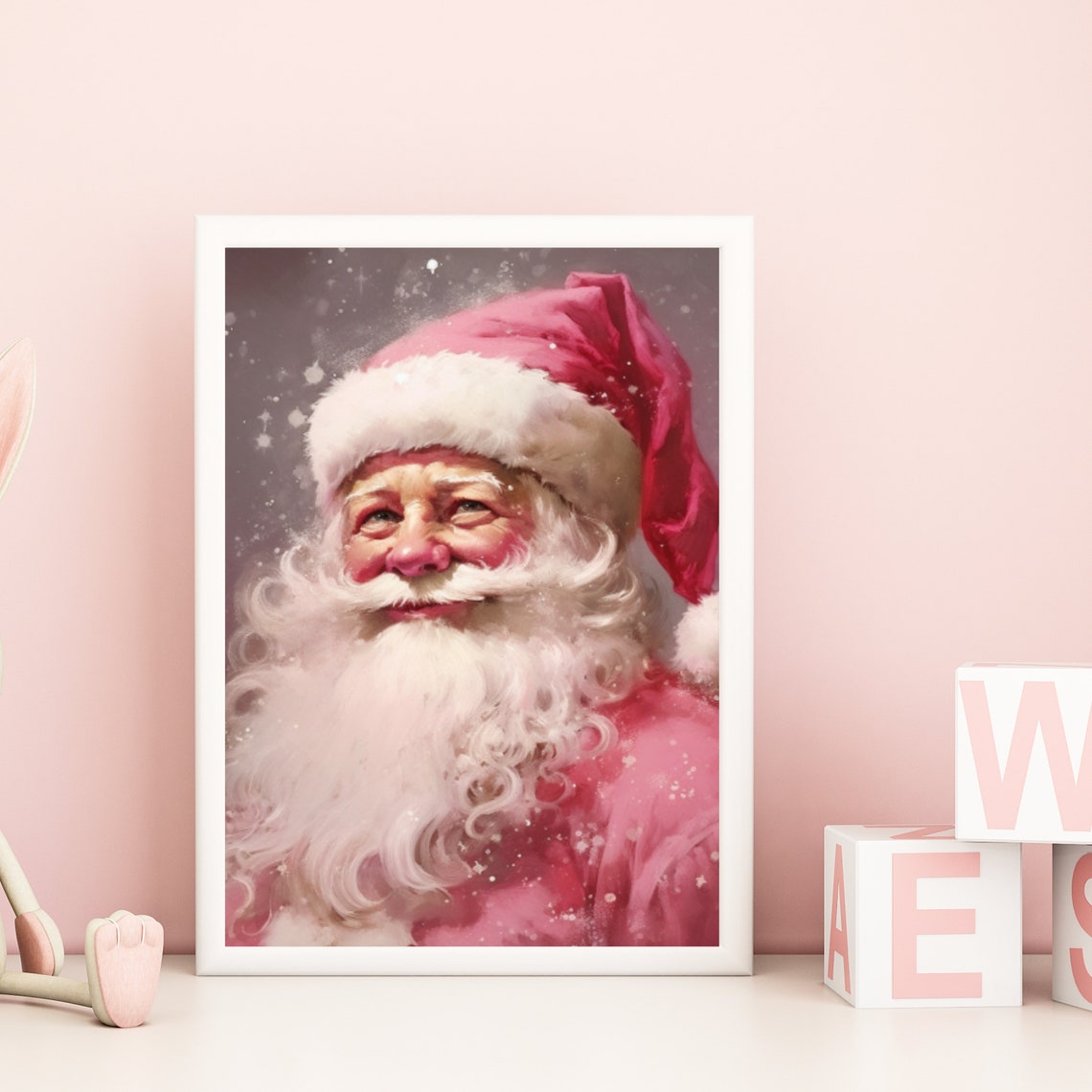Pink Santa Claus Whimsical Christmas Portrait Painting Poster - Image 4
