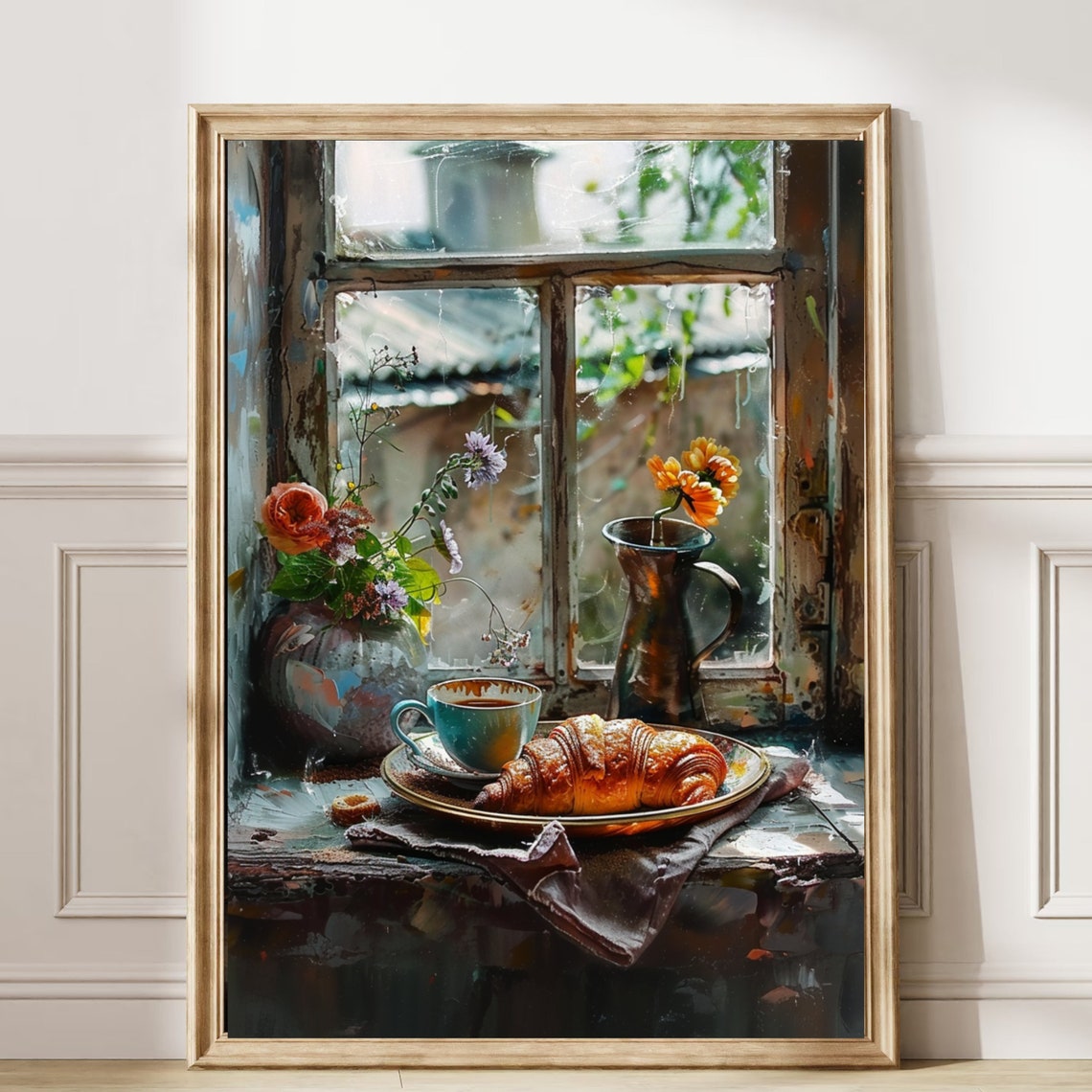 Morning Coffee And Croissant Rustic Windowsill Still Life Poster - Image 6
