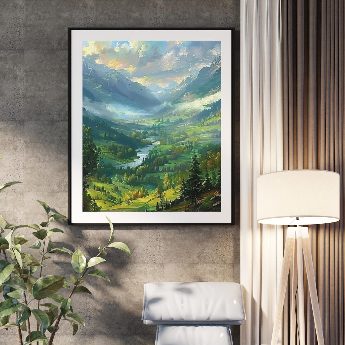 Green Mountain Valley River Landscape Spring Meadow Art Poster - Image 2