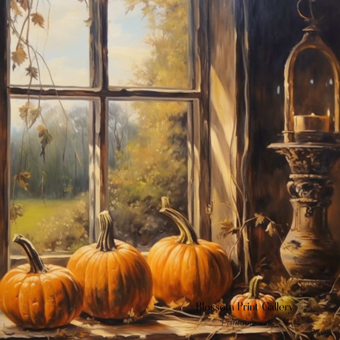 Pumpkins On Autumn Windowsill With Lantern Golden Fall Poster - Image 3