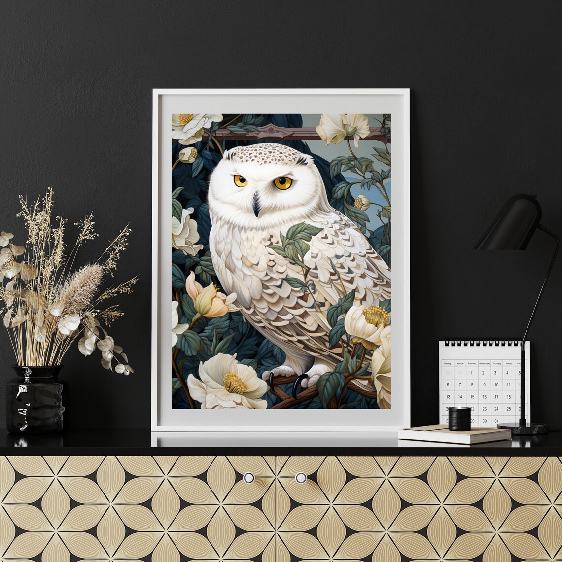 Snowy White Owl Golden Eyes Floral Botanical Painting Poster - Image 3