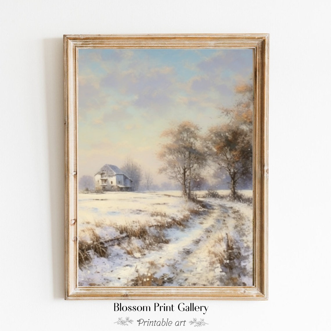 Snowy Farmhouse Landscape with Winding Path Winter Painting Poster