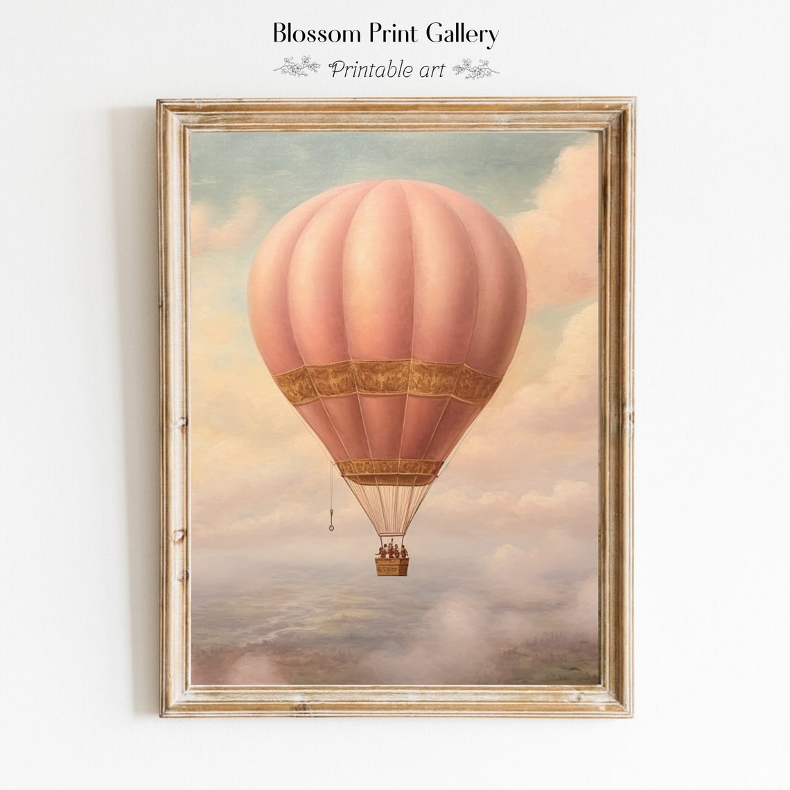 Pink Vintage Hot Air Balloon in Pastel Clouds Painting Poster