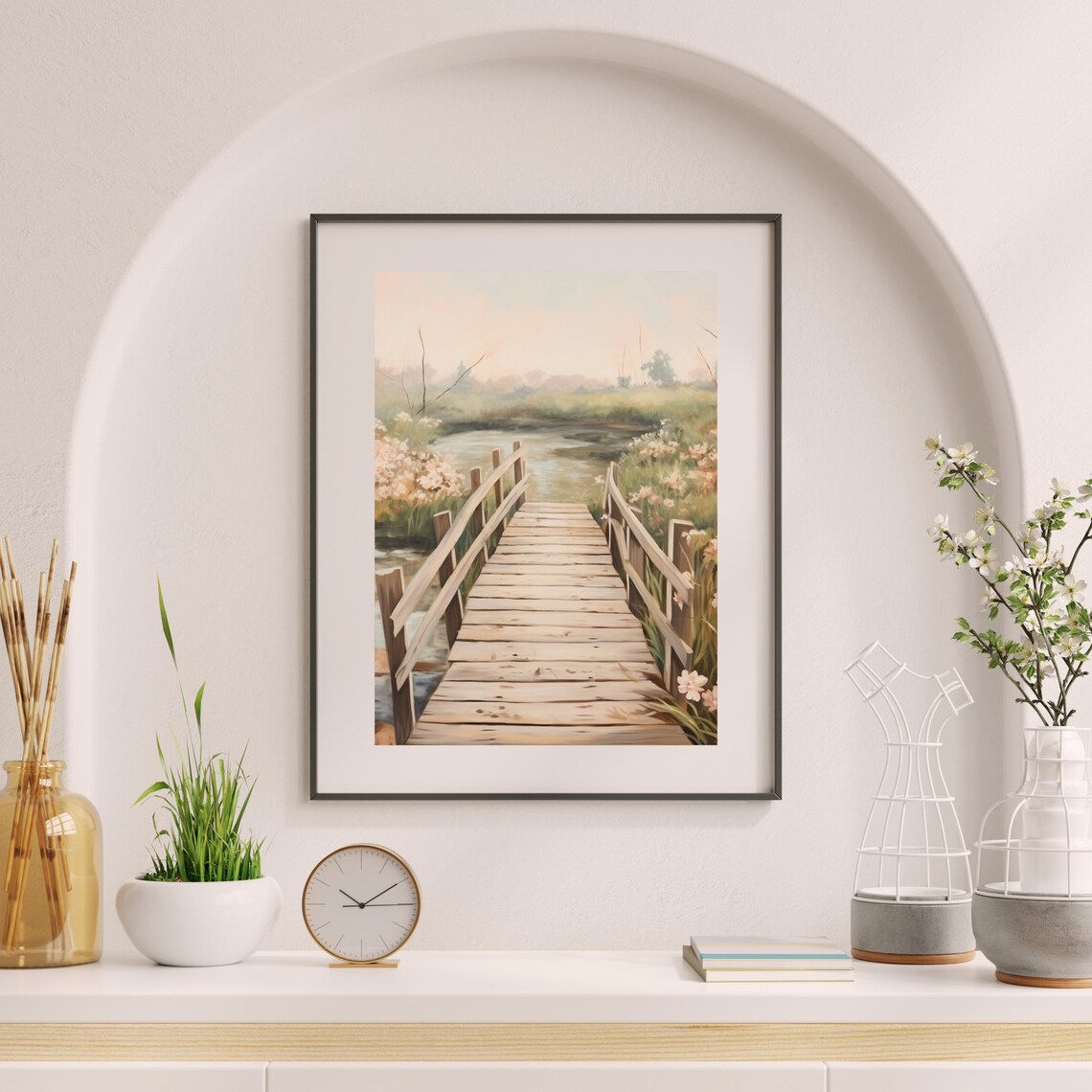 Wooden Footbridge over Stream with Wildflowers Painting Poster - Image 4