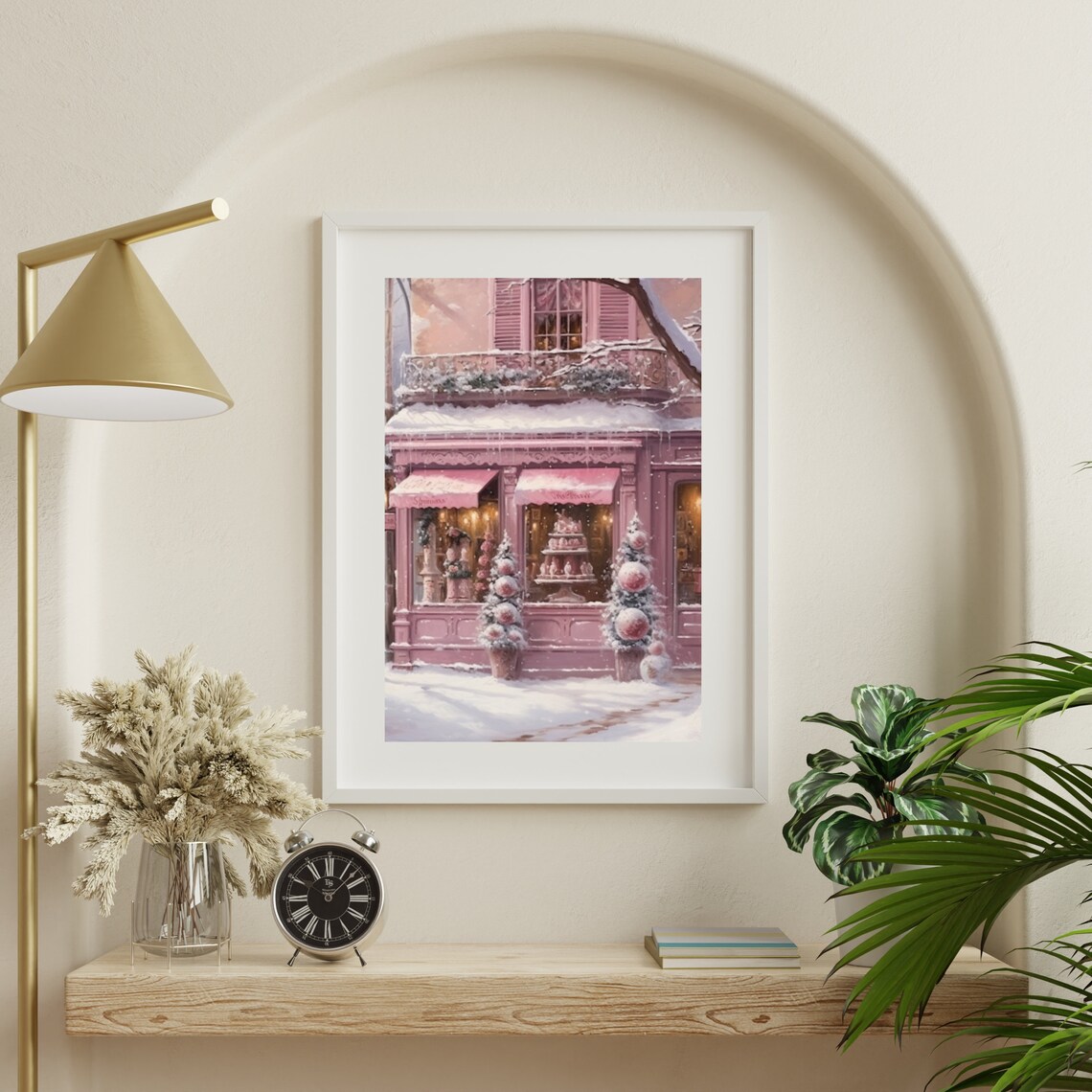 Pink Patisserie Snowy Christmas Street Winter Painting Poster - Image 6
