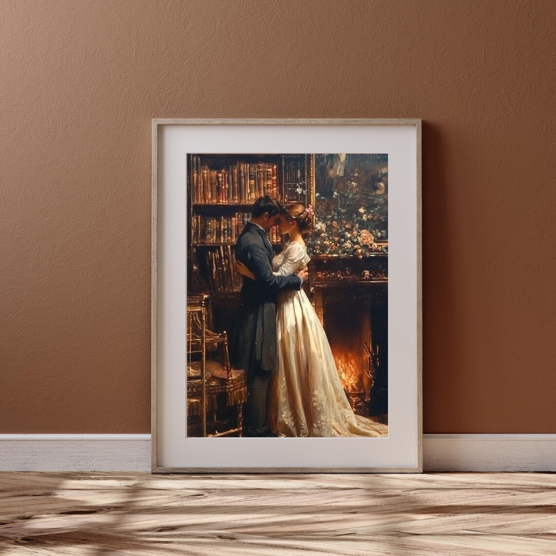 Romantic Couple Kiss Library Fireplace Vintage Love Painting Poster - Image 4
