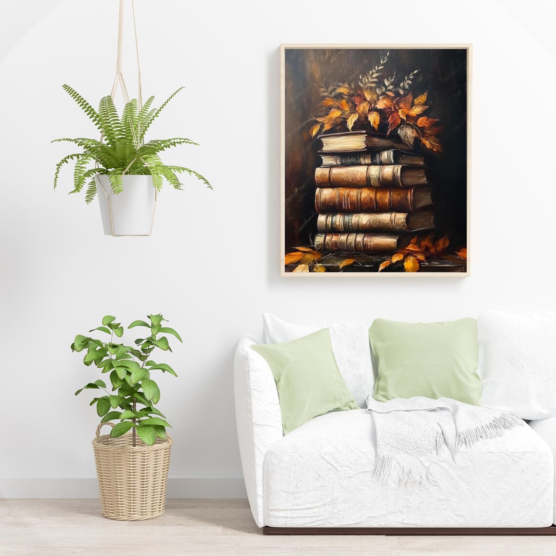 Antique Books Stack Autumn Leaves Moody Dark Still Life Poster - Image 6