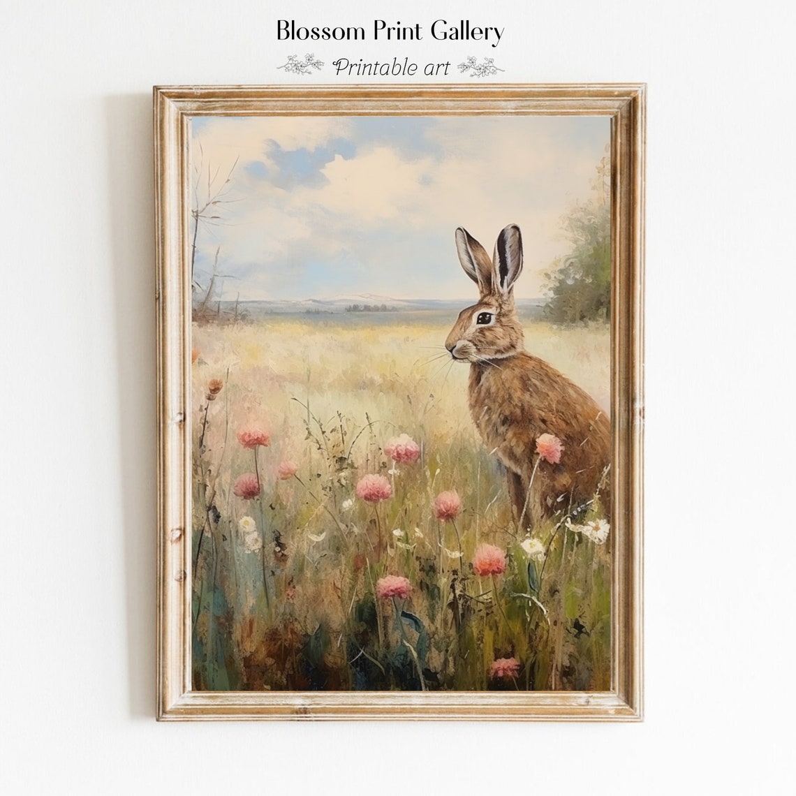 Wild Hare In Pink Wildflower Meadow Spring Countryside Bunny Poster