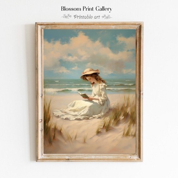 Woman Reading A Book On A Sunny Beach In White Dress Art Poster