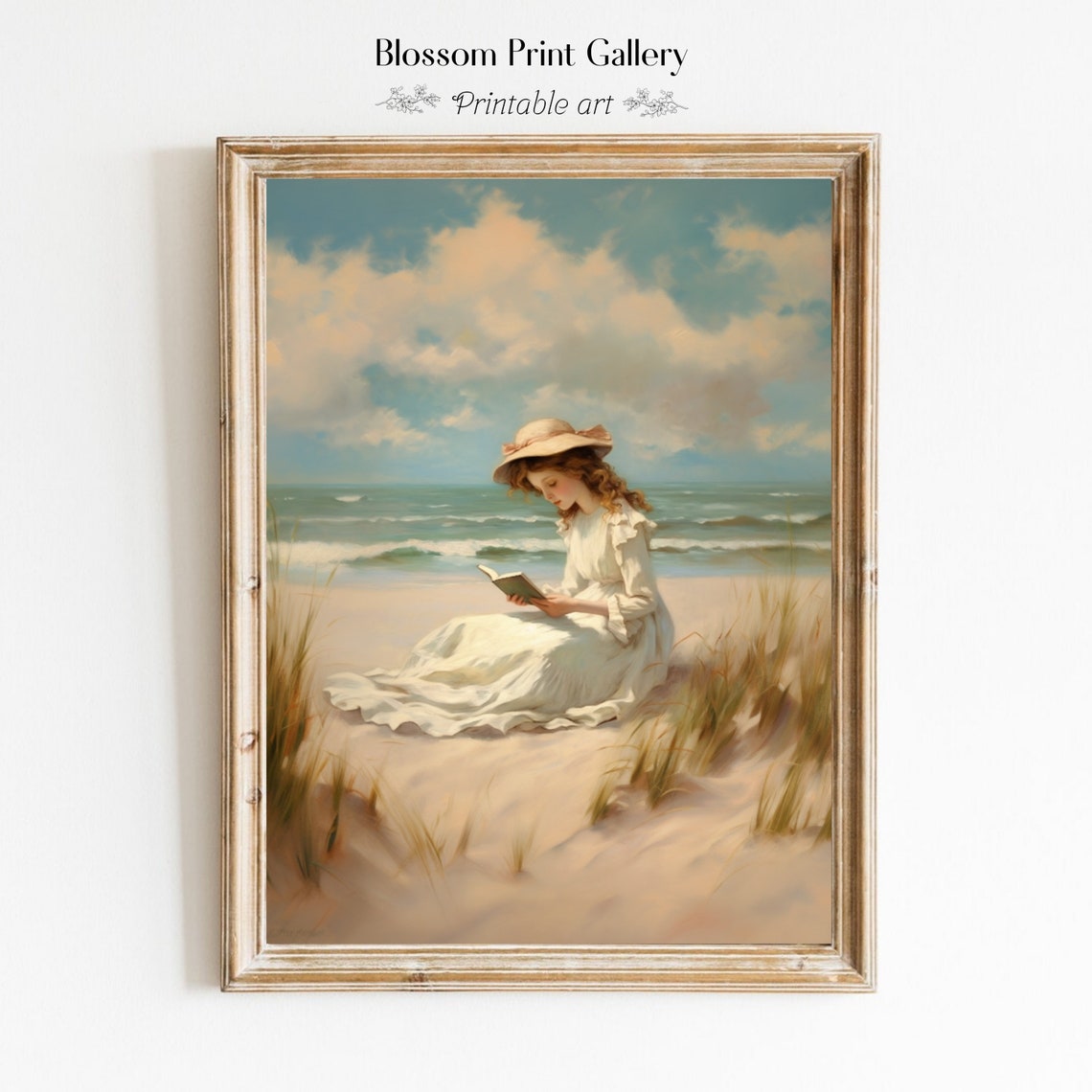 Woman Reading A Book On A Sunny Beach In White Dress Art Poster