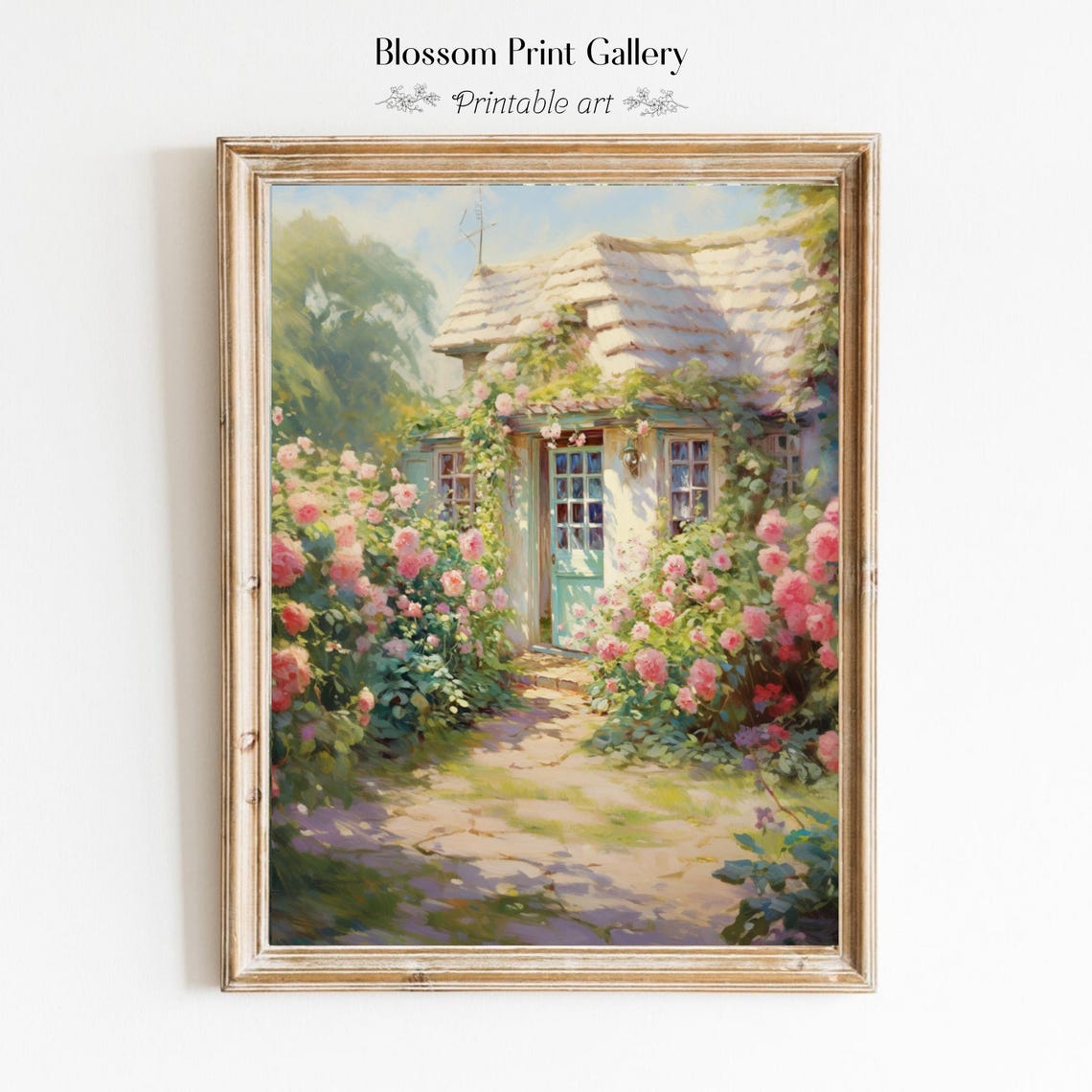 Sunlit Thatched Roof Cottage Bursting With Roses Garden Art Poster