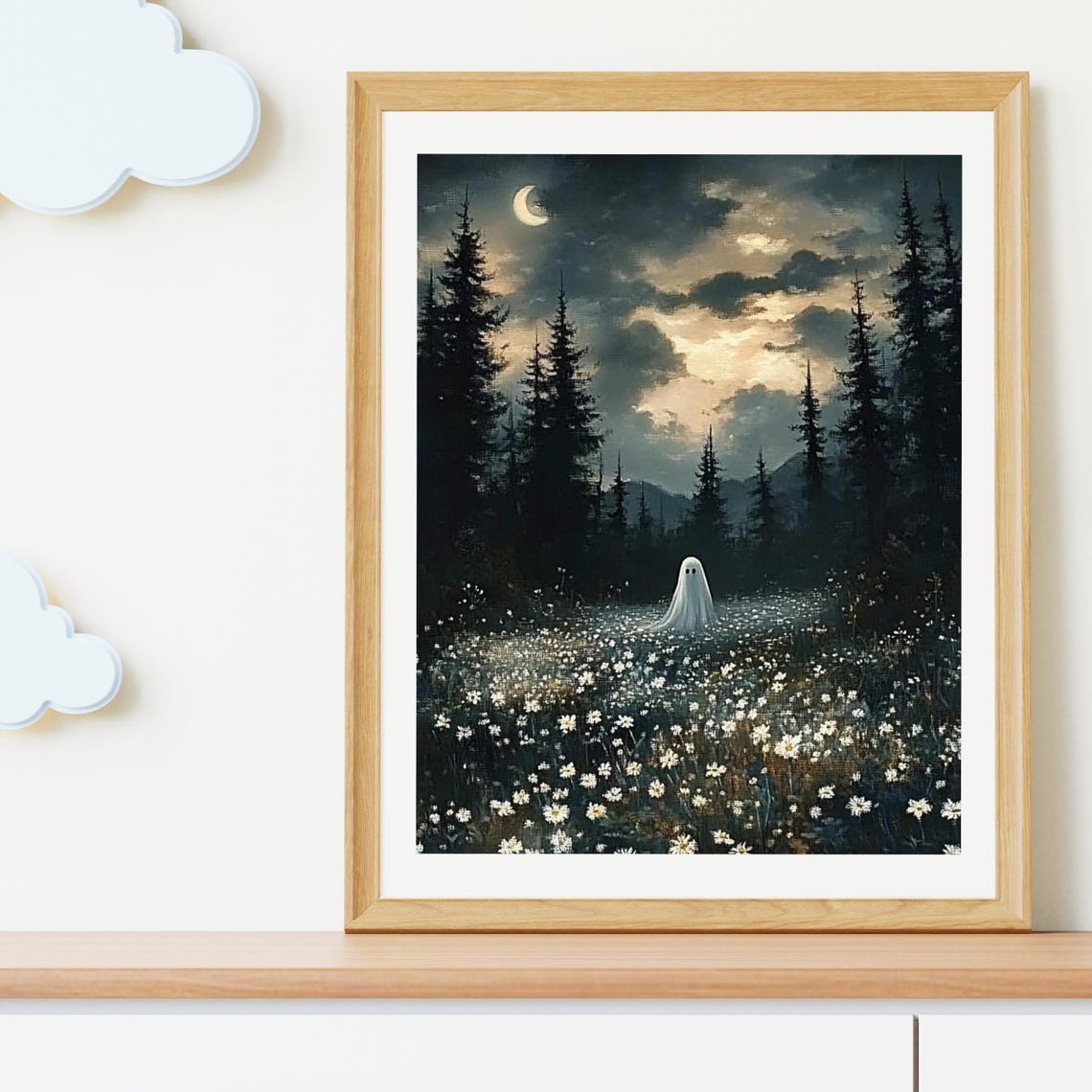 Cute Ghost in a Moonlit Wildflower Meadow Whimsical Wall Art - Image 3