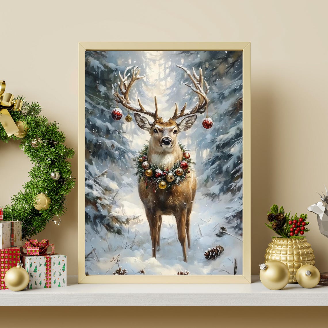 Majestic Deer With Ornament Wreath In Snowy Christmas Forest Poster - Image 3