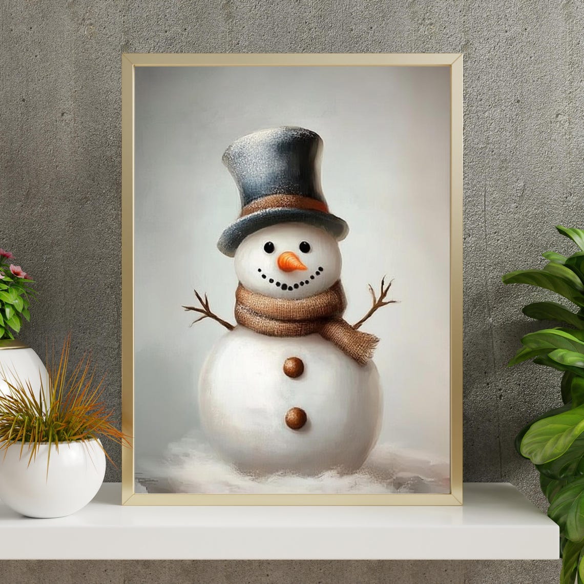 Snowman with Top Hat and Burlap Scarf Winter Painting Poster - Image 4