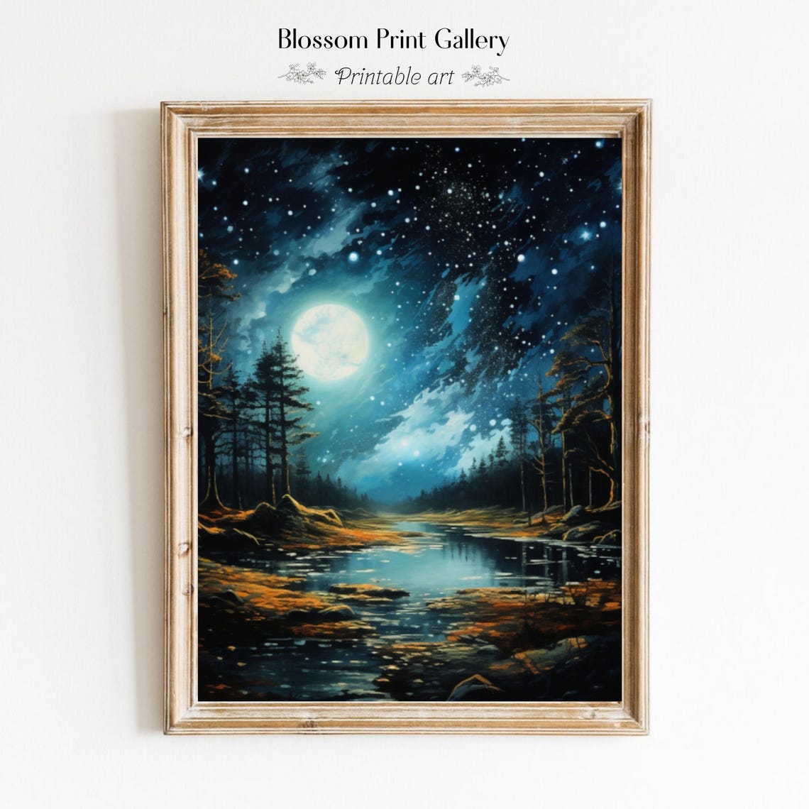 Starry Night Sky over a Moonlit River Forest Landscape Poster