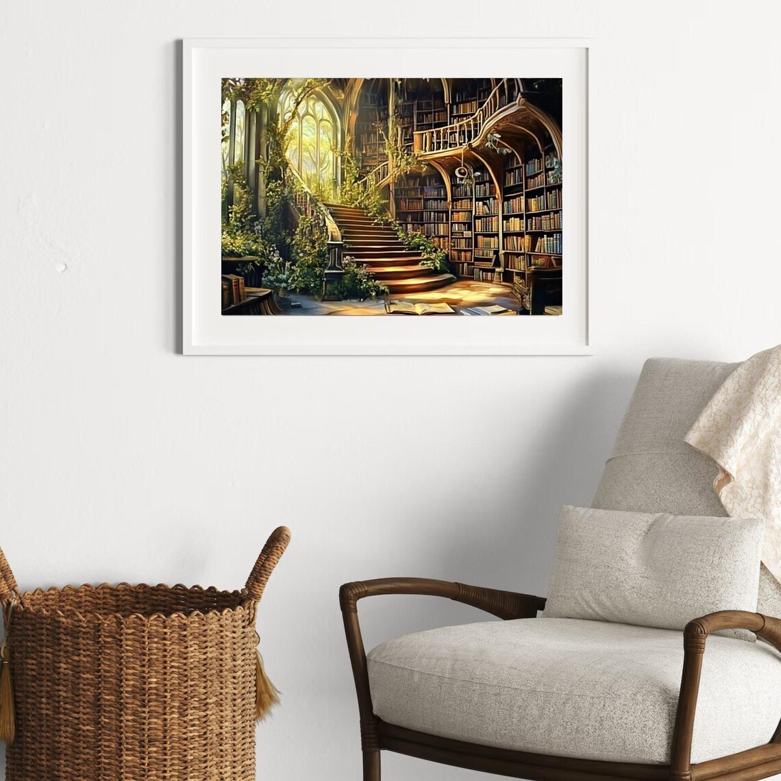 Enchanted Grand Library With Staircase Fantasy Art Painting Poster - Image 4