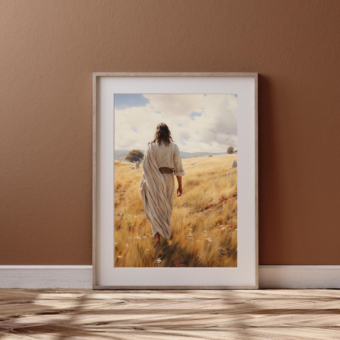 Jesus Walking In Wheat Field With Sheep Golden Christian Art Painting Poster - Image 5