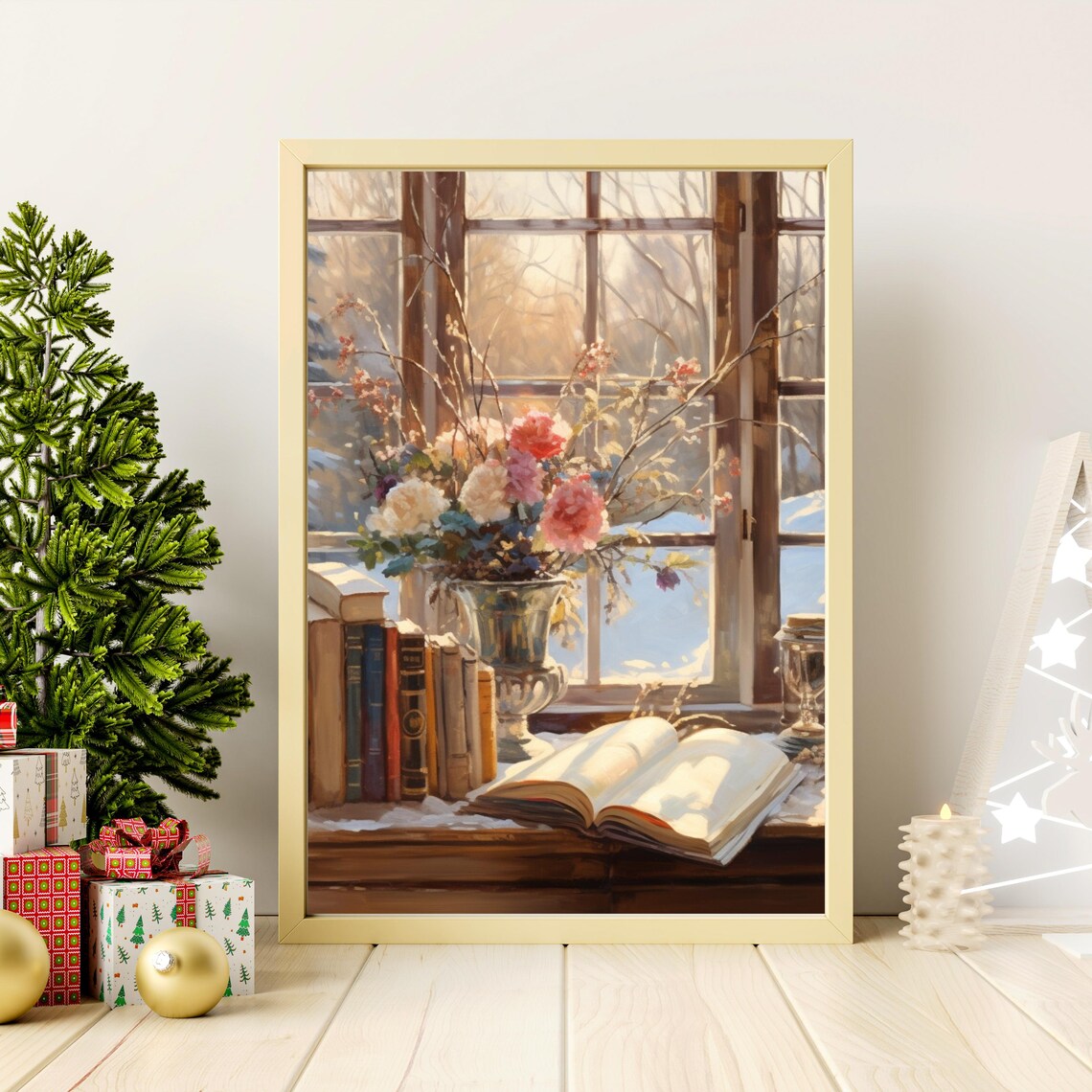 Winter Window Still Life with Books and Flowers Painting Poster - Image 2