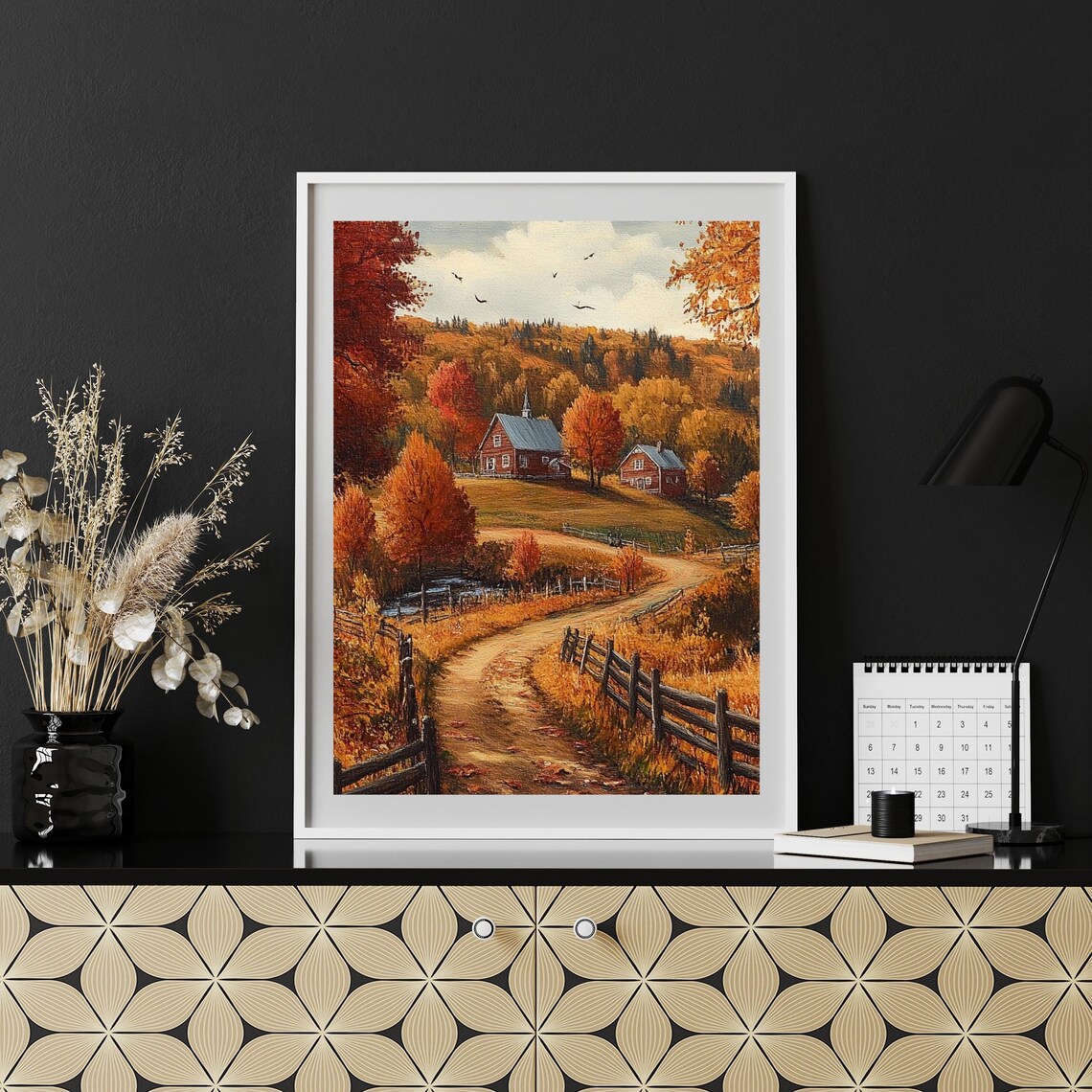 Autumn Farm Landscape with Red Farmhouse and Country Road Poster - Image 6